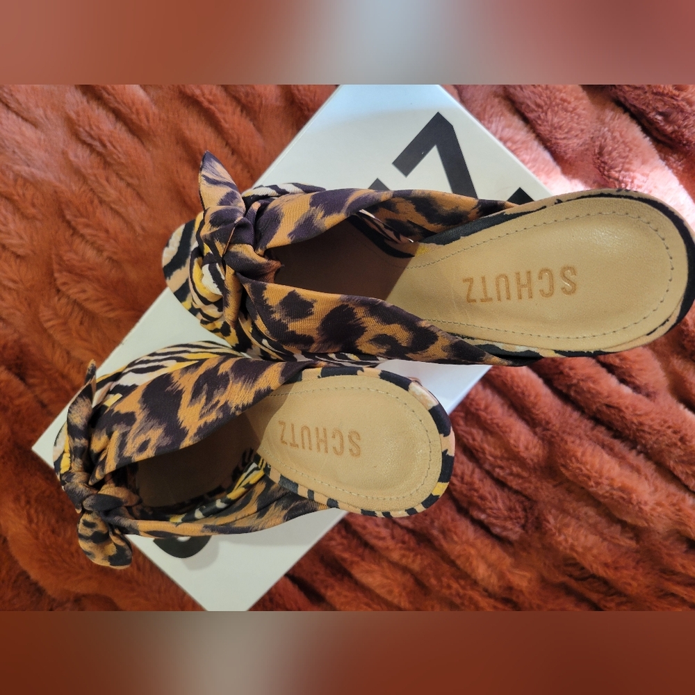 SCHUTZ Multicolor Animal Print Knot Mules with Red Accent - Picture 4 of 10